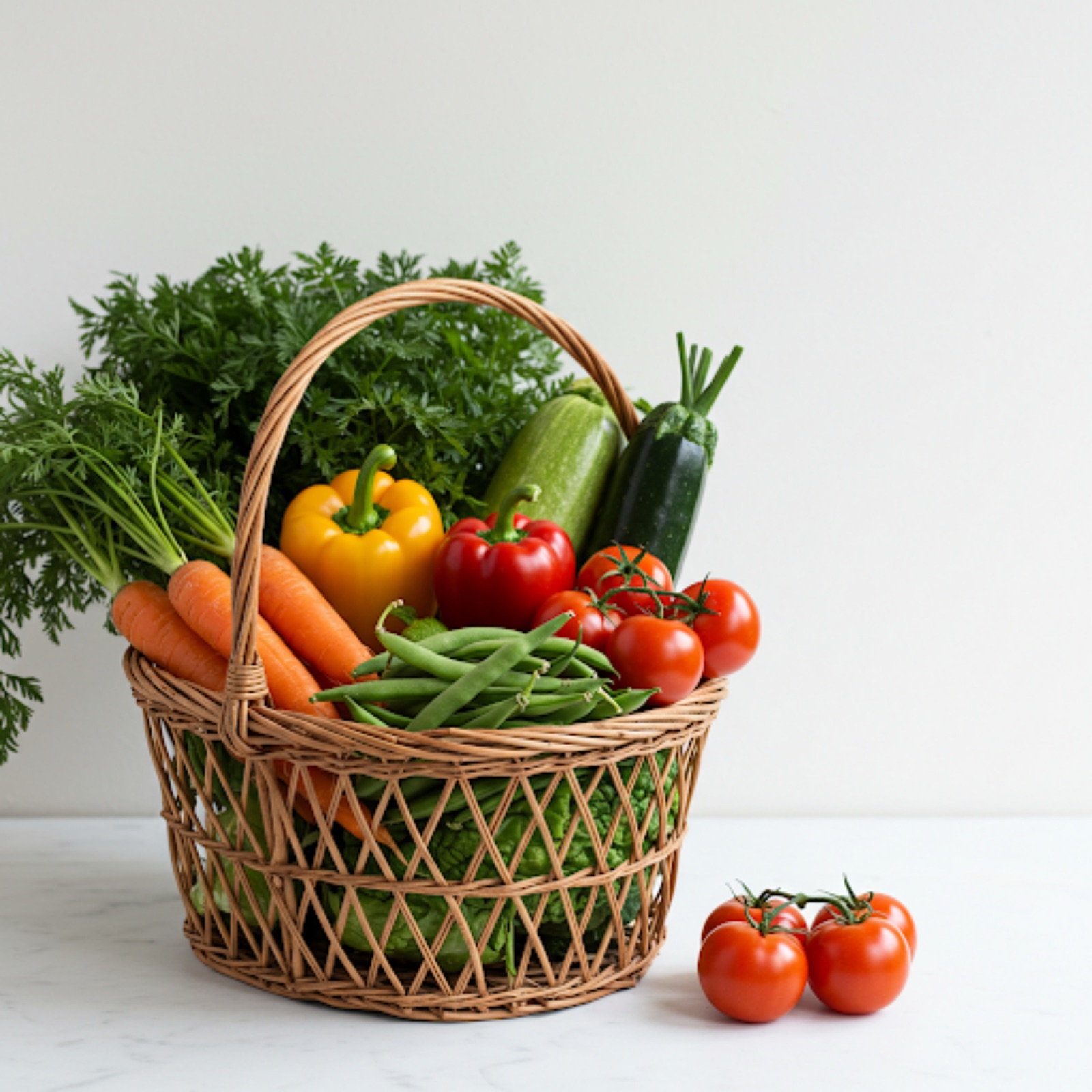 Panier en osier rempli de légumes bio : carottes, poivrons, tomates, courgettes